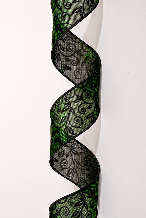 2.5" X 10Yds Wired Metallic Moss Honeycomb W/Flocked Swirls Ribbon Black