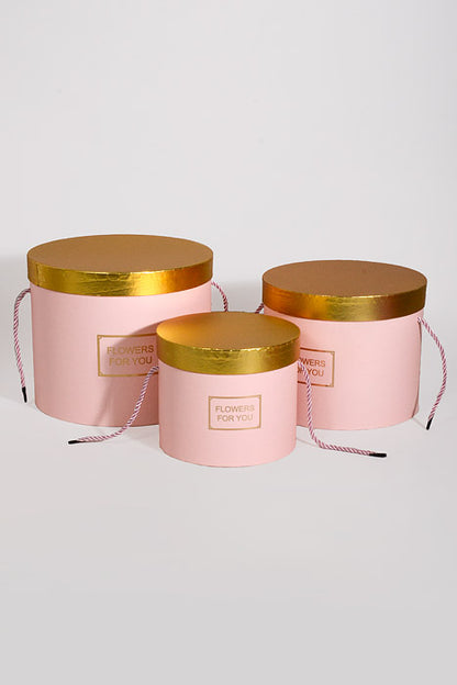 6.5"/8"/9" Round Gift Box W/Gold Lid Ribbon Pink Set/3