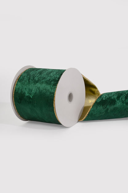4" X 10Yds Wired Crushed Velvet/Gold Back Ribbon Hunter