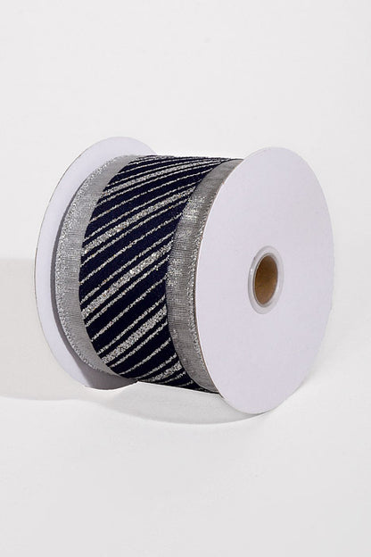 2.5" X 10Yds Wired Satin Diagonal Glitter Stripe W/Silver Firefly Edge Ribbon Navy/Silver