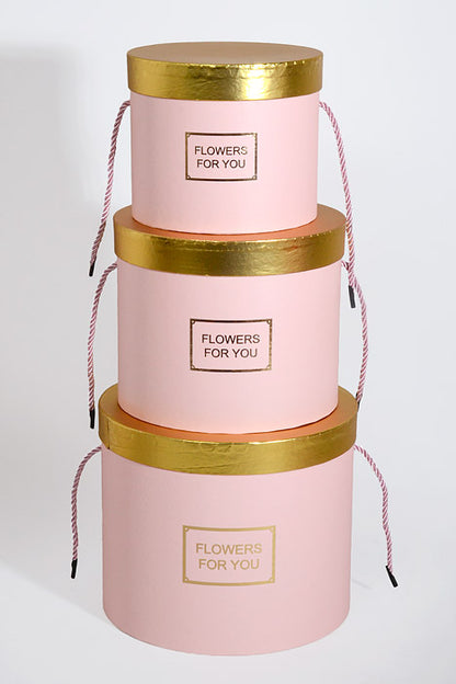6.5"/8"/9" Round Gift Box W/Gold Lid Ribbon Pink Set/3