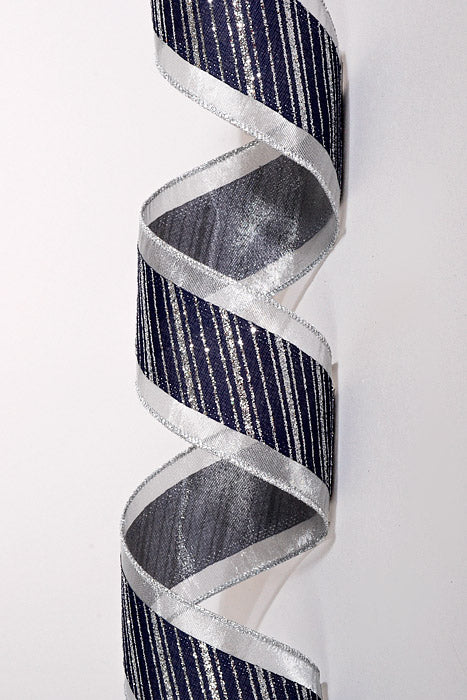 2.5" X 10Yds Wired Satin Diagonal Glitter Stripe W/Silver Firefly Edge Ribbon Navy/Silver