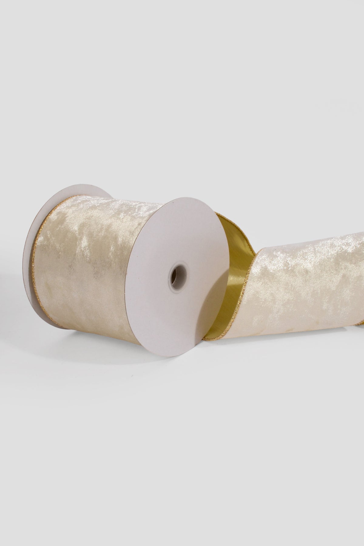 4" X 10Yds Wired Crushed Velvet/Gold Back Ribbon Ivory