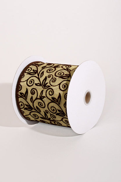 4" X 10Yds Wired Metallic Gold Honeycomb W/Flocked Swirls Ribbon Brown