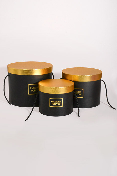 6.5"/8"/9" Round Gift Box W/Gold Lid Ribbon Black Set/3