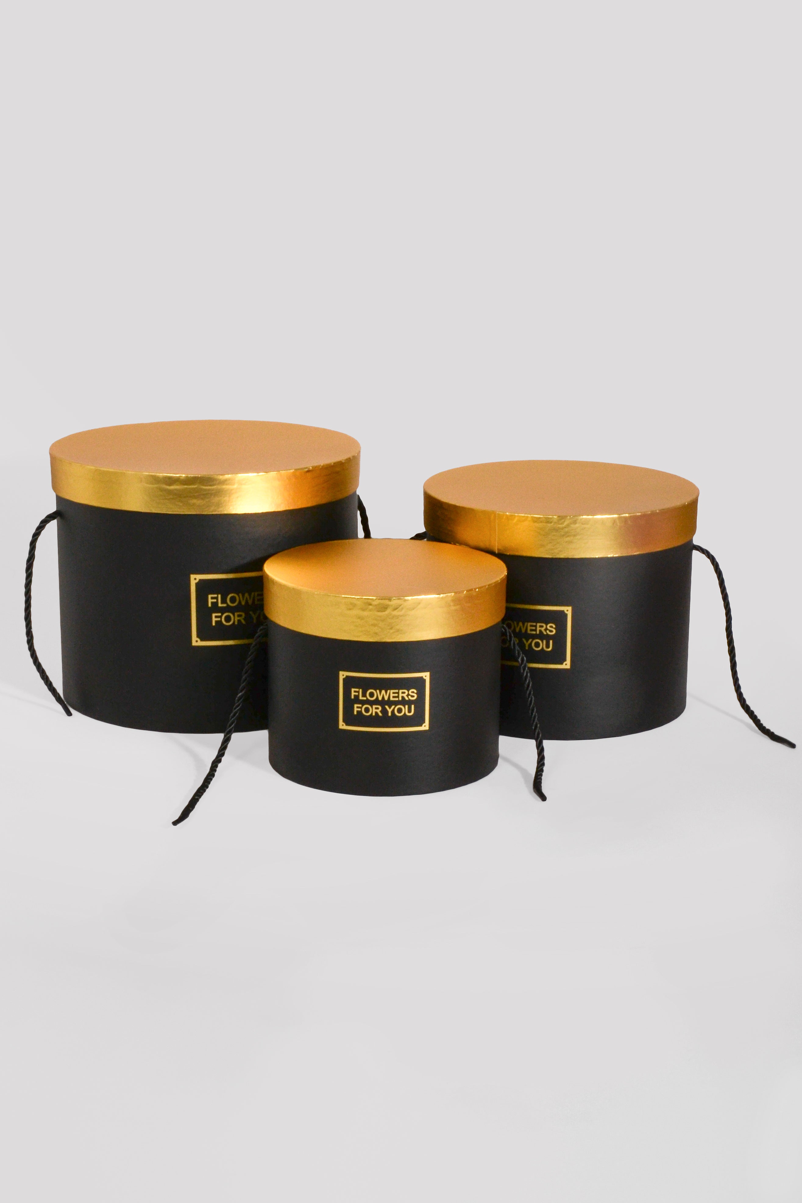 6.5"/8"/9" Round Gift Box W/Gold Lid Ribbon Black Set/3