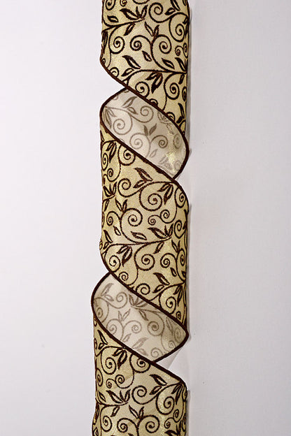 4" X 10Yds Wired Metallic Gold Honeycomb W/Flocked Swirls Ribbon Brown