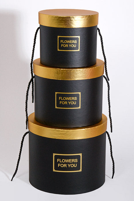 6.5"/8"/9" Round Gift Box W/Gold Lid Ribbon Black Set/3