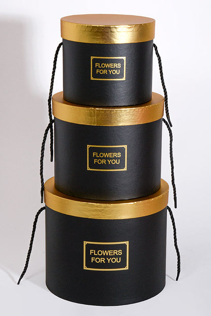 6.5"/8"/9" Round Gift Box W/Gold Lid Ribbon Black Set/3