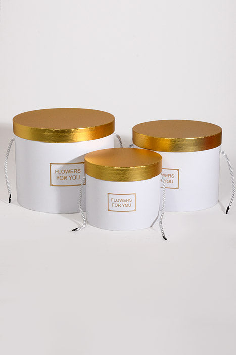 6.5"/8"/9" Round Gift Box W/Gold Lid Ribbon White Set/3