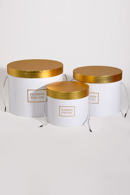 6.5"/8"/9" Round Gift Box W/Gold Lid Ribbon White Set/3