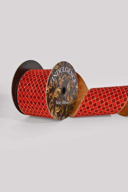 4" X 5Yds Wired Dark Red/Red/Gold Velvet Diamonds Ribbon