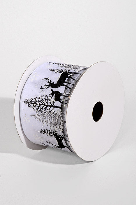 2.5" X 10Yds Wired Satin Deer-Snowy Scape Ribbon White/Black