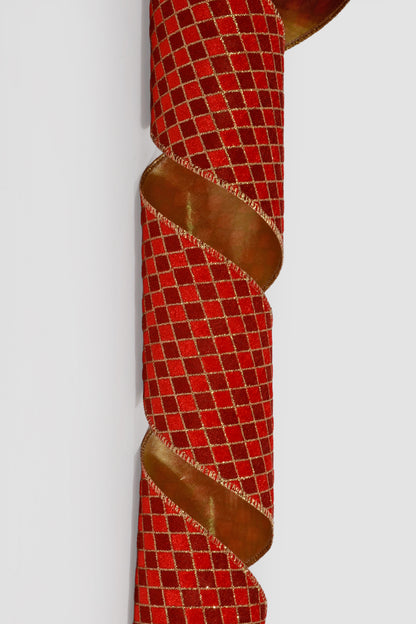 4" X 5Yds Wired Dark Red/Red/Gold Velvet Diamonds Ribbon