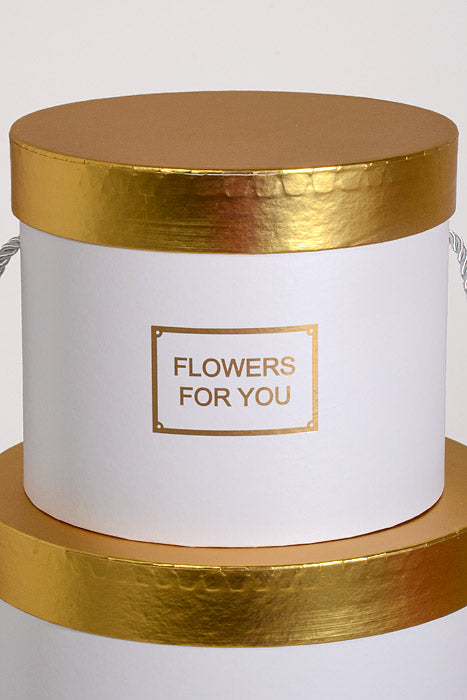 6.5"/8"/9" Round Gift Box W/Gold Lid Ribbon White Set/3