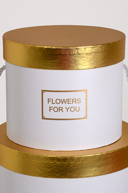 6.5"/8"/9" Round Gift Box W/Gold Lid Ribbon White Set/3