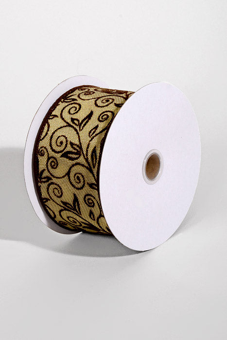 2.5" X 10Yds Wired Metallic Gold Honeycomb W/Flocked Swirls Ribbon Brown