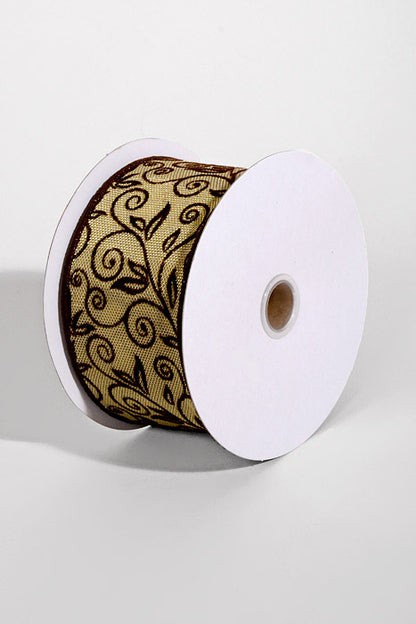 2.5" X 10Yds Wired Metallic Gold Honeycomb W/Flocked Swirls Ribbon Brown