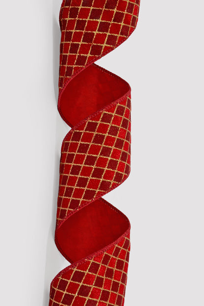 2.5" X 10Yds Wired Velvet Diamond Harlequin Ribbon Red/Burgundy/Gold
