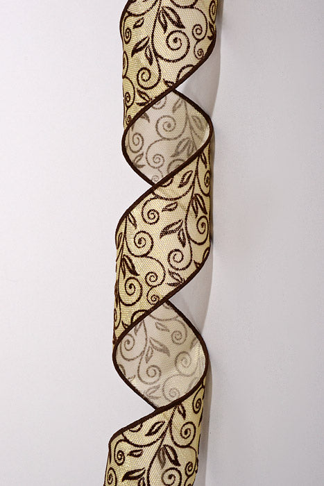 2.5" X 10Yds Wired Metallic Gold Honeycomb W/Flocked Swirls Ribbon Brown