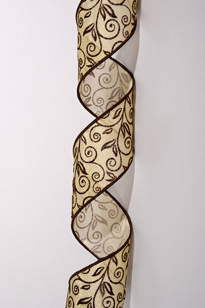 2.5" X 10Yds Wired Metallic Gold Honeycomb W/Flocked Swirls Ribbon Brown