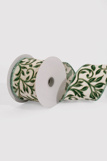 2.5" X 10Yds Wired Ivory Dupioni/Sage Green Vine Swirls Ribbon