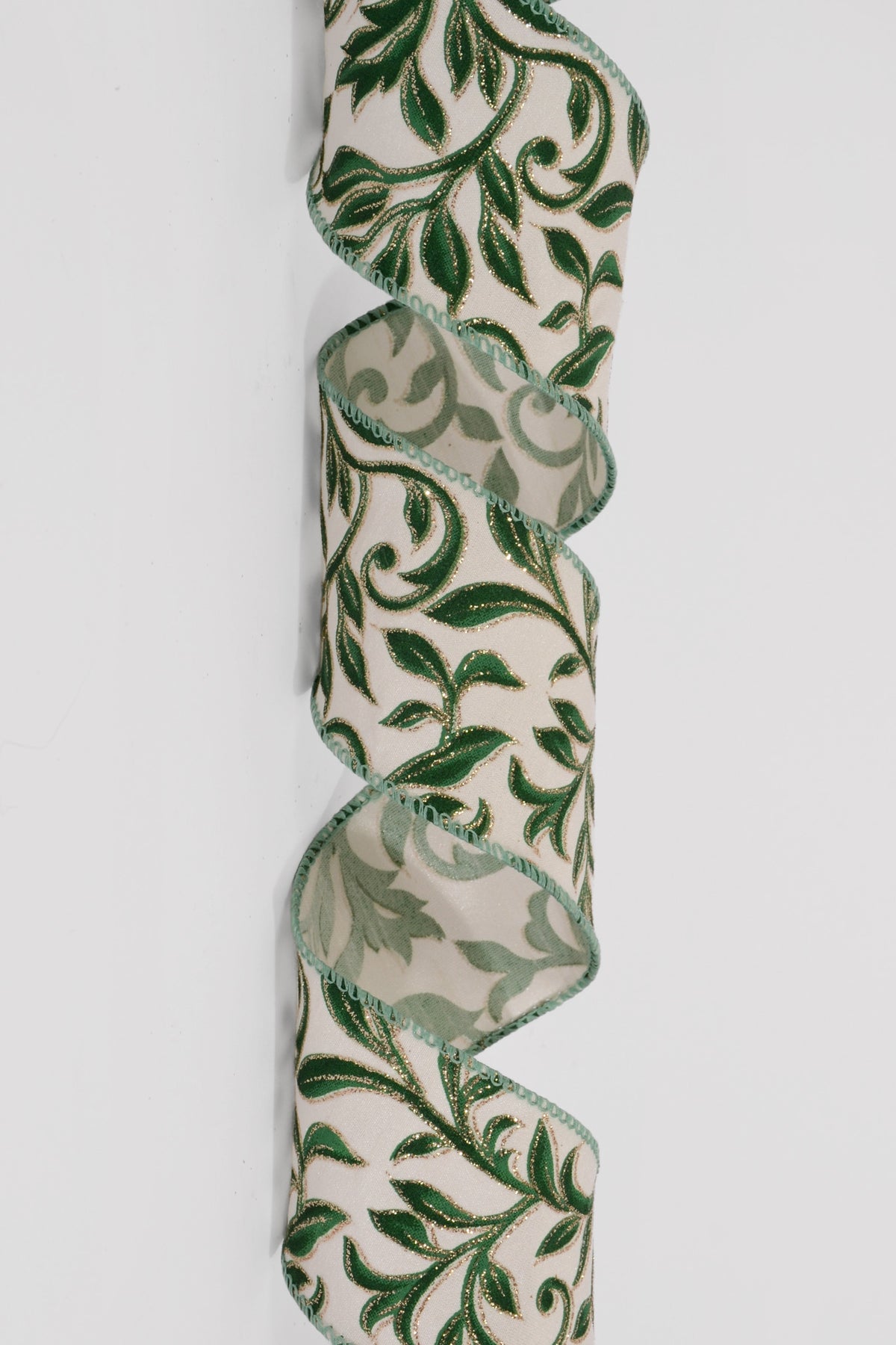 2.5" X 10Yds Wired Ivory Dupioni/Sage Green Vine Swirls Ribbon