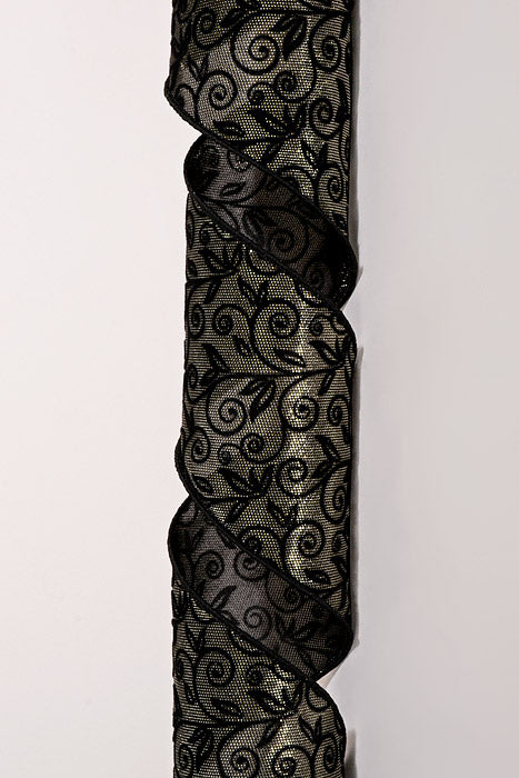 4" X 10Yds Wired Metallic Grey Honeycomb W/Flocked Swirls Ribbon Black