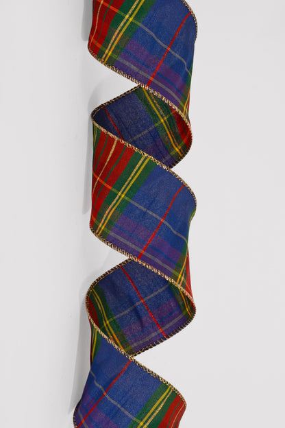 2.5" X 10Yds Wired Royal Blue-Green-Red-Yellow Faux Dupioni Plaid Ribbon