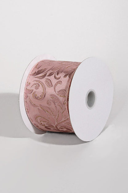 2.5" X 10Yds Wired Satin Rose Embossed Swirls Ribbon Pink
