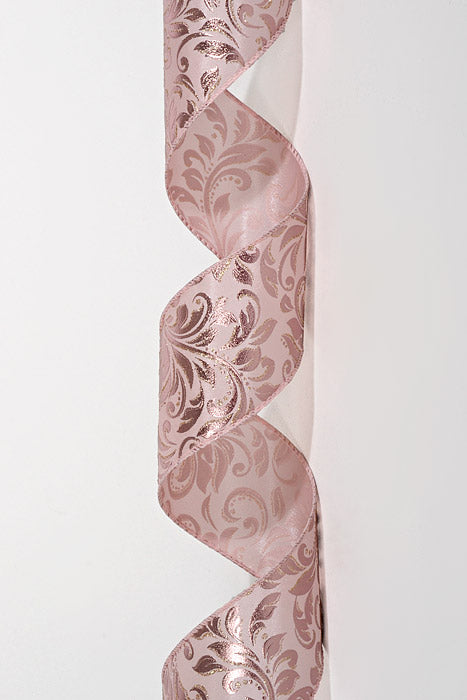 2.5" X 10Yds Wired Satin Rose Embossed Swirls Ribbon Pink