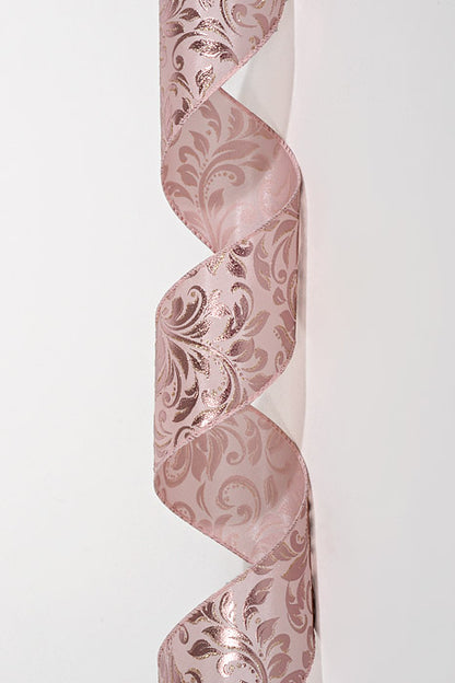 2.5" X 10Yds Wired Satin Rose Embossed Swirls Ribbon Pink