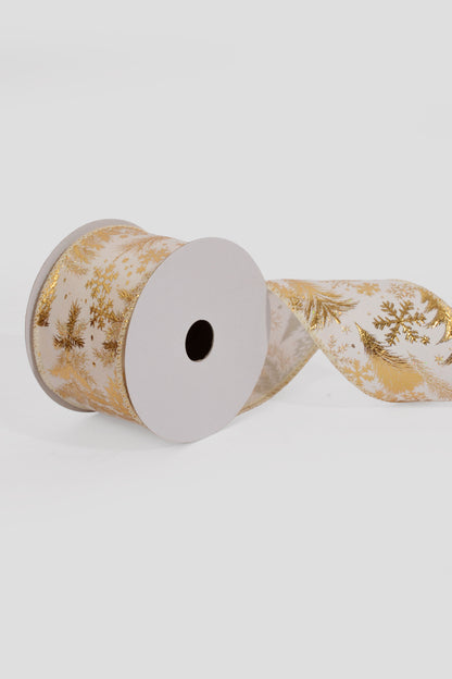 2.5" X 10Yds Wired White Satin/Gold Embossed Trees-Snowflake Ribbon
