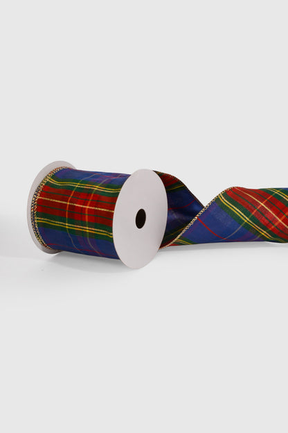 4" X 10Yds Wired Faux Dupioni Plaid Ribbon Royal Blue/Green/Red/Yellow