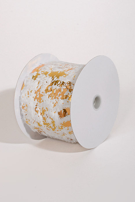 4" X 5Yds Wired Long Fur W/Gold Metallic Flakes Ribbon White