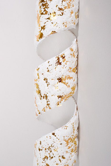 4" X 5Yds Wired Long Fur W/Gold Metallic Flakes Ribbon White