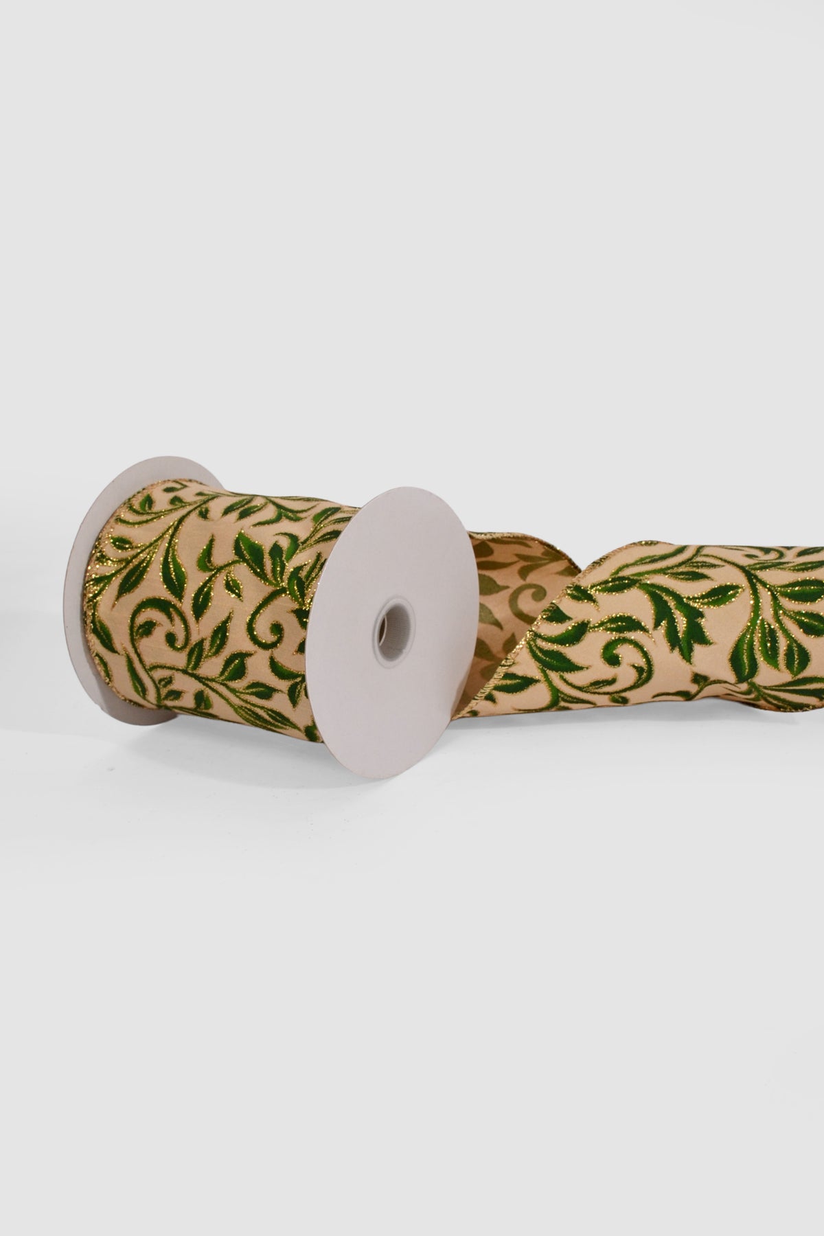 4" X 10Yds Wired Gold Dupioni/Dark Green Vine Swirls Ribbon