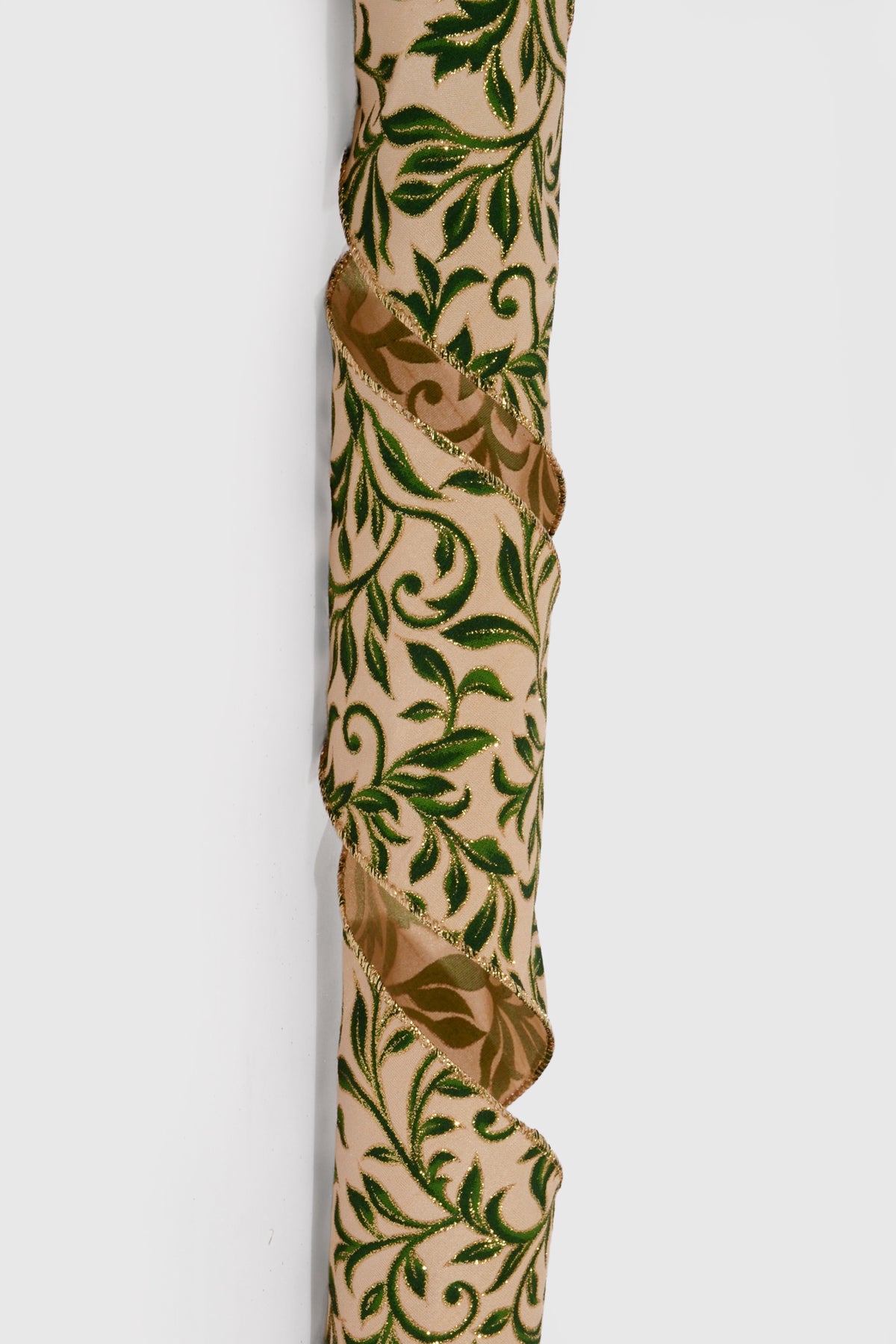 4" X 10Yds Wired Gold Dupioni/Dark Green Vine Swirls Ribbon