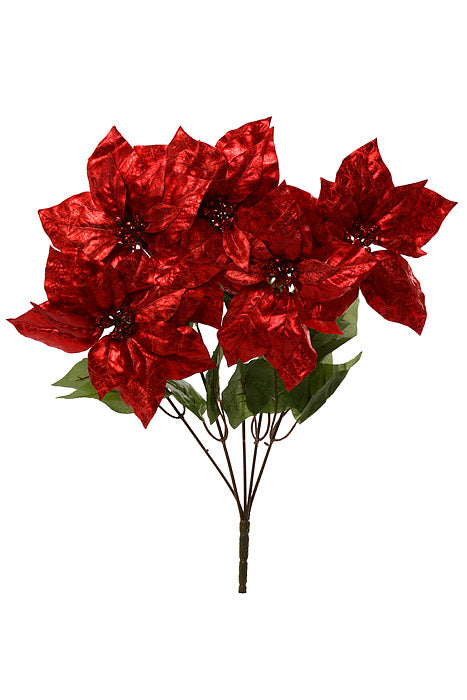 21" Metallic Crackle Fin Poinsettia Bush Red