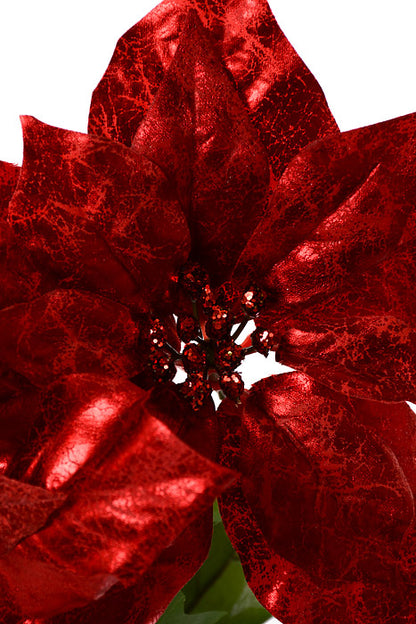 21" Metallic Crackle Fin Poinsettia Bush Red