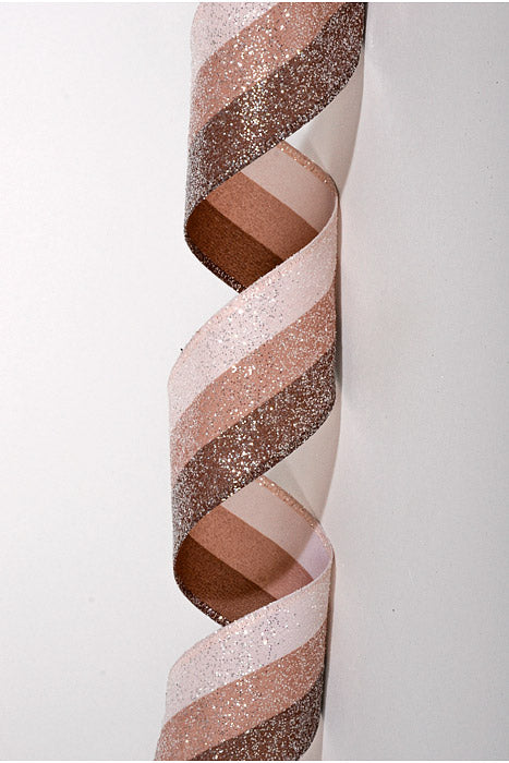 2.5" X 10Yds Wired Glittered Candied Stripe Ribbon Brown/Tan/Light Pink