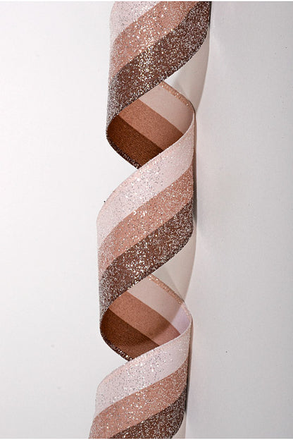2.5" X 10Yds Wired Glittered Candied Stripe Ribbon Brown/Tan/Light Pink