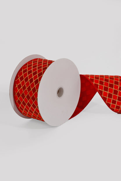 2.5" X 10Yds Wired Velvet Diamond Harlequin Ribbon Red-Dark/Red-Gold