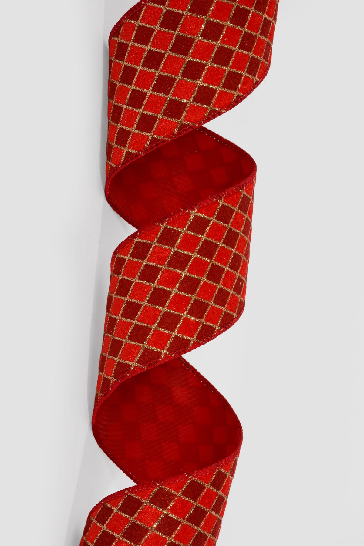 2.5" X 10Yds Wired Velvet Diamond Harlequin Ribbon Red-Dark/Red-Gold