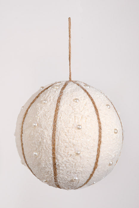 15.5" Glittered Pearl Fleece Ball Ornament White Pearl