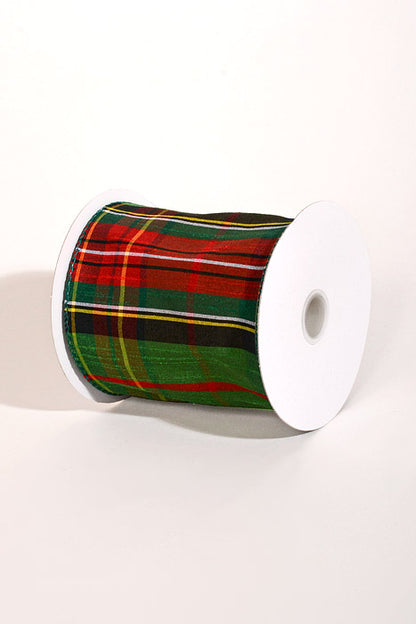 4" X 10Yds Wired Dupion Tartan Plaid Ribbon Emerald/Red/Black/Yellow