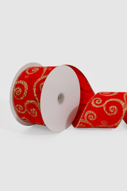 2.5" X 10Yds Wired Glitter Red Satin/Flocked Swirl Ribbon