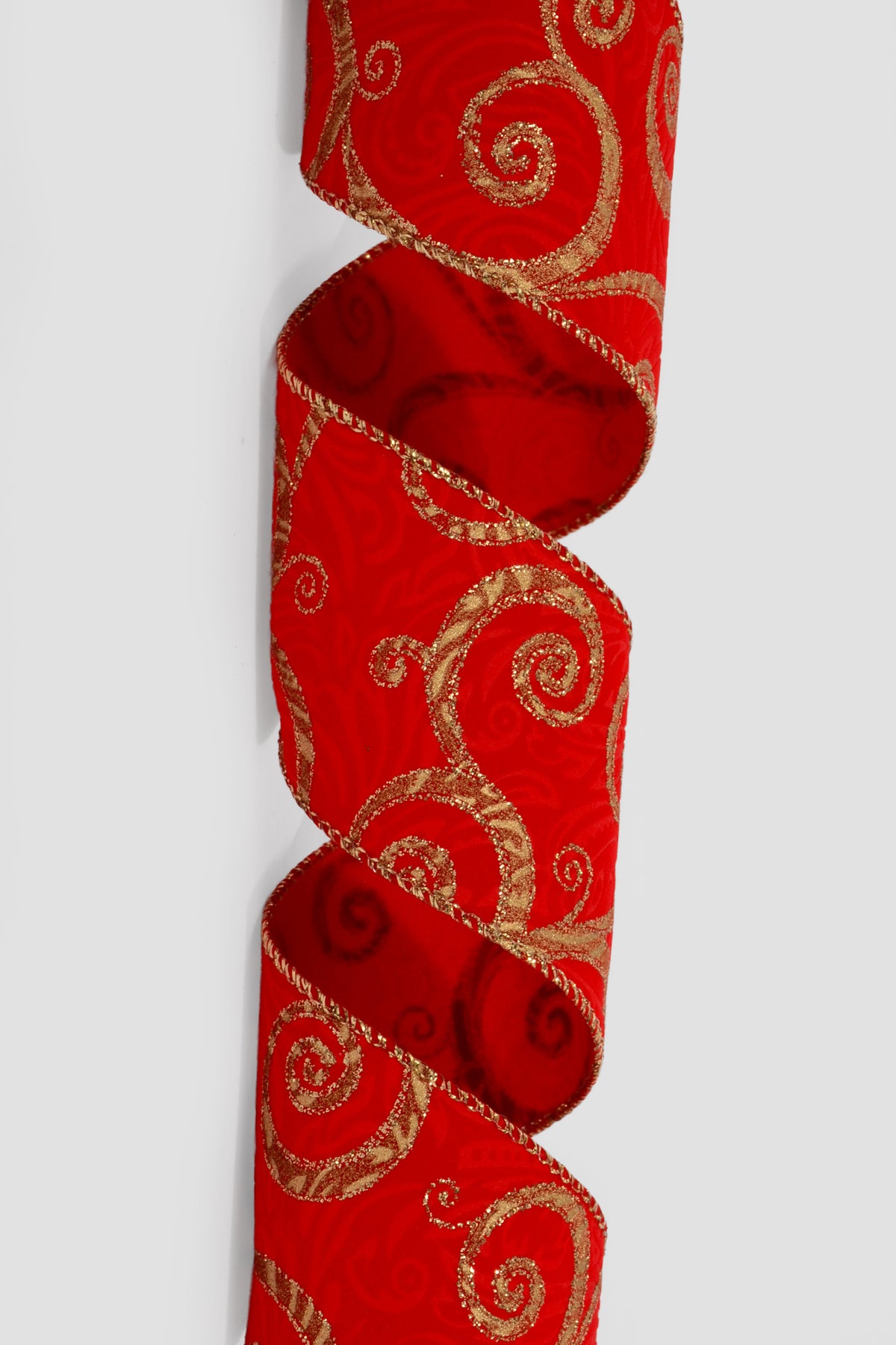 2.5" X 10Yds Wired Glitter Red Satin/Flocked Swirl Ribbon