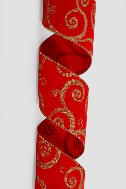 2.5" X 10Yds Wired Glitter Red Satin/Flocked Swirl Ribbon
