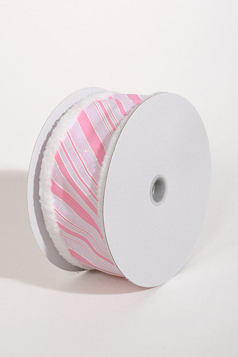2.5" X 10Yds Wired Glitter Satin Big Snow Edge Iridescent Diagonal Stripe Ribbon Pink/White